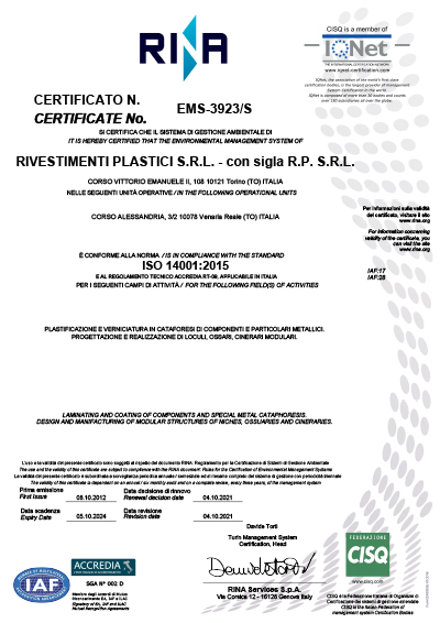 Certificazione del Sistema di Gestione Ambientale ISO 14001:2015 - RP Rivestimenti plastici