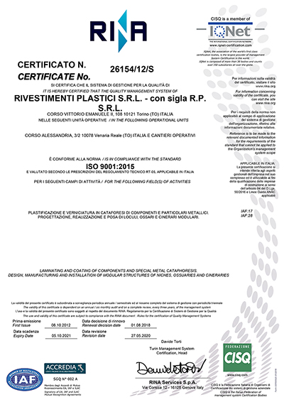 Certification du Système de Gestion Environnementale ISO 14001:2015  - RP Rivestimenti plastici