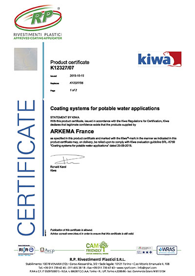 Certificazione KIWA - RP rivestimenti plastici