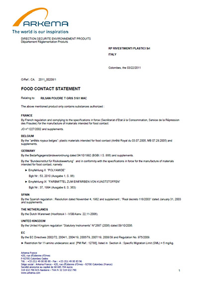 Certificazione ARKEMA: Food contact statement - RP rivestimenti plastici